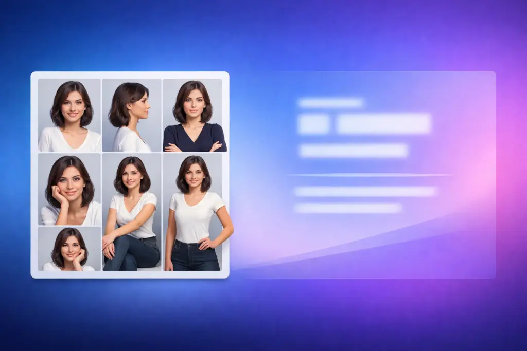 Capa do guia mostrando consistência de personagem com IA usando folha de poses e referência no Whisk.