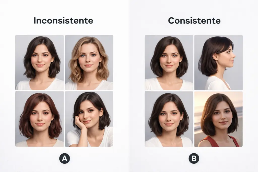 Comparação antes e depois da consistência de personagem em imagens geradas por IA.