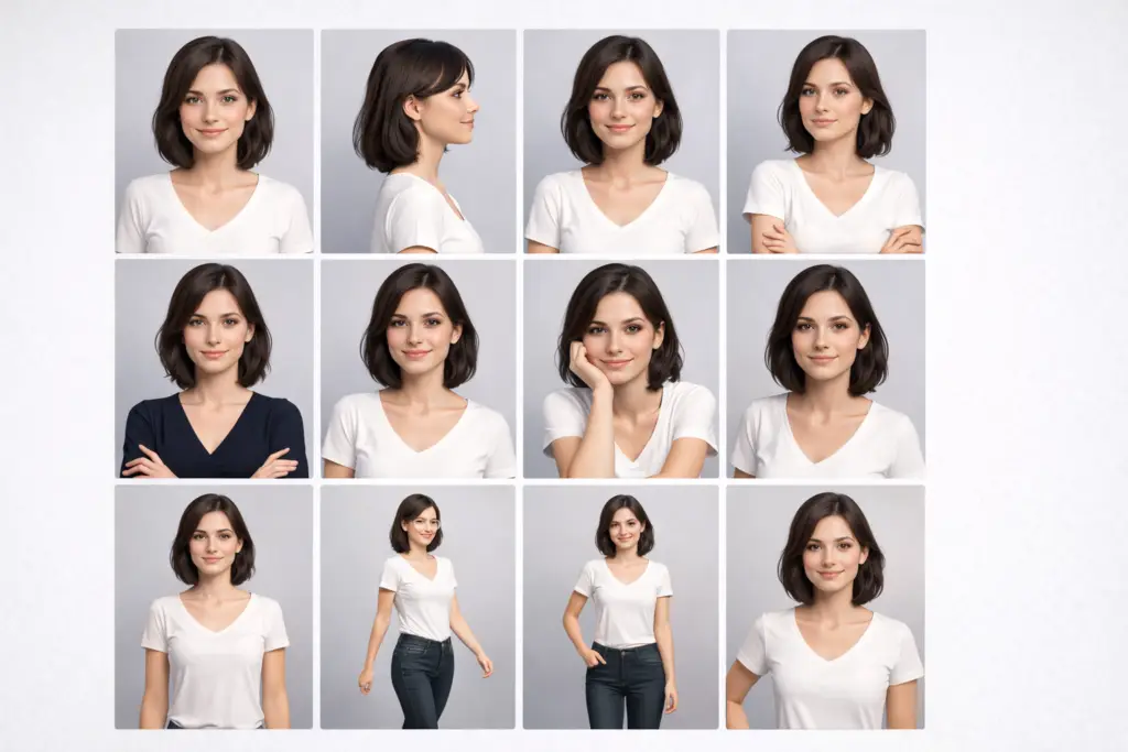 Folha de poses com 12 variações do mesmo personagem para consistência em imagens de IA.
