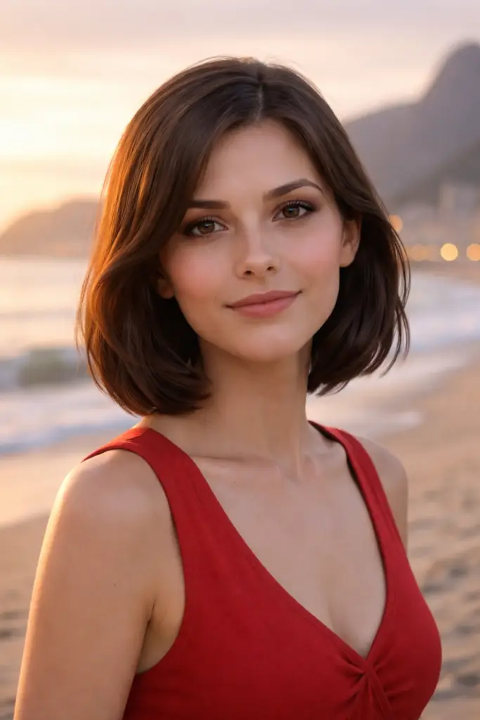 Close de personagem consistente com vestido vermelho e praia ao fundo, gerado por IA.