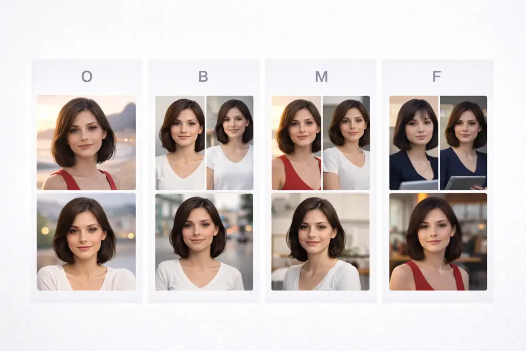 Painel visual comparando níveis de consistência de personagem entre abordagens de geração de imagem.