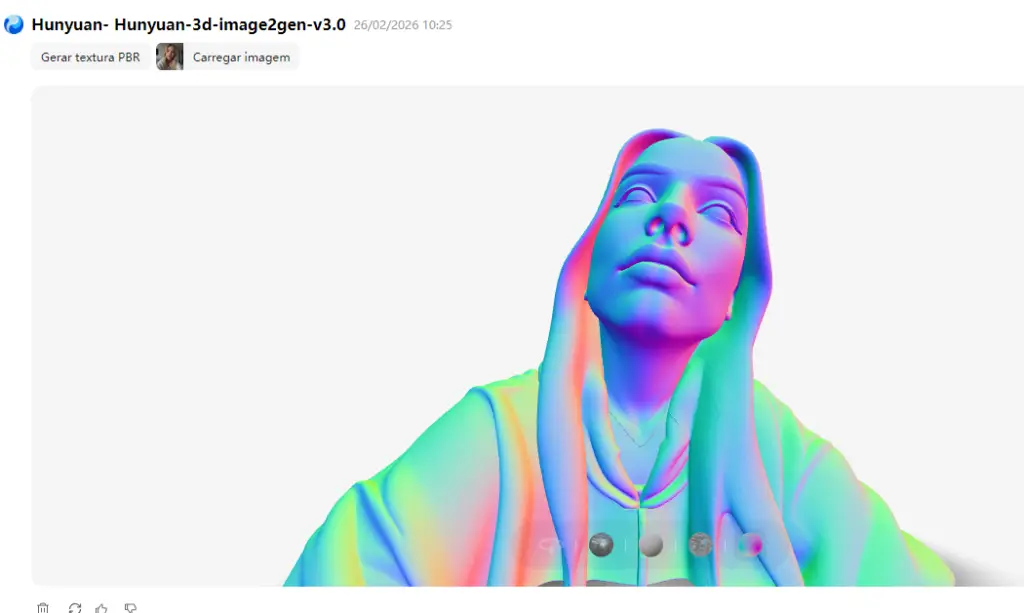 Hunyuan 3D Image2Gen v3.0 mostrando a conversão de uma imagem em modelo 3D, com visualização em cores do mapa normal no rosto e opções como “Gerar textura PBR” e “Carregar imagem”.