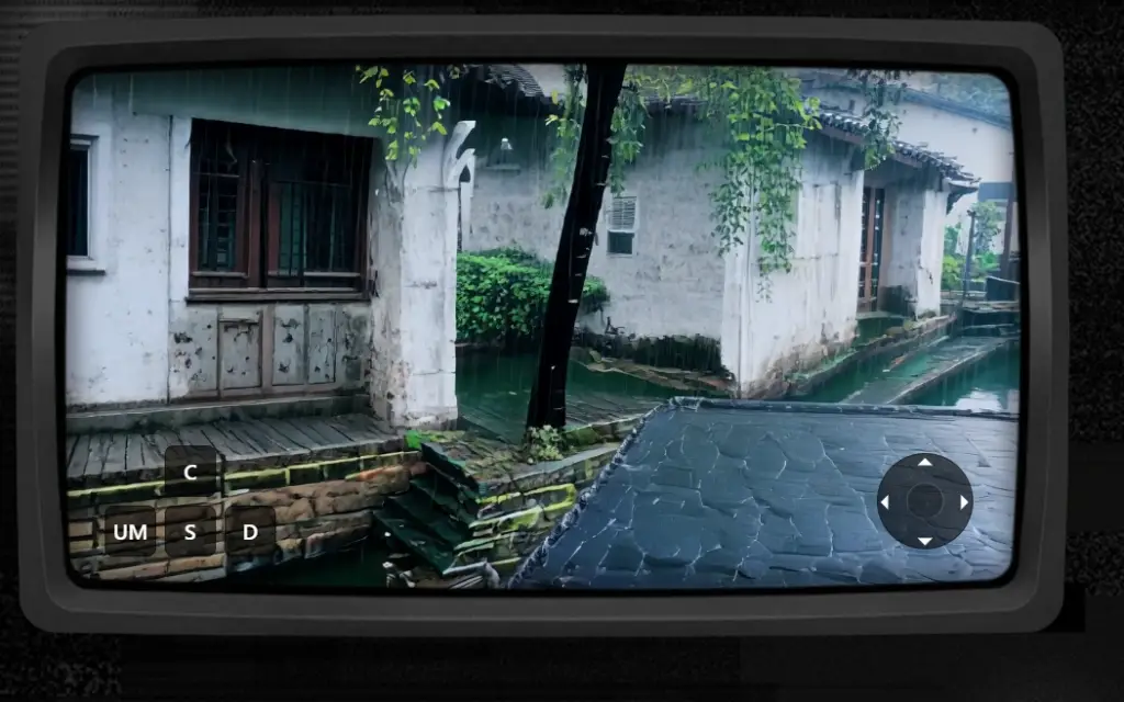 Imagem mostrando uma cena chuvosa em estilo panorâmico/3D (Modelo 3D do Mundo do Hunyuan), com casas antigas ao lado de um canal e interface de navegação na tela.