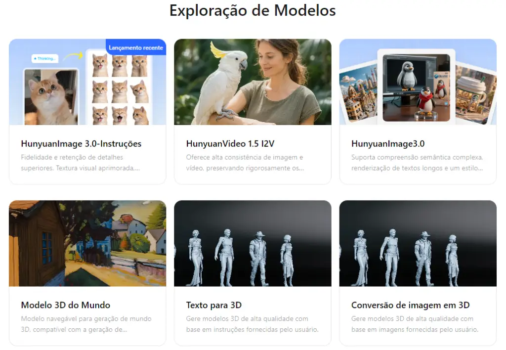 Captura de tela da página “Exploração de Modelos” da Tencent Hunyuan mostrando cartões dos modelos HunyuanImage 3.0-Instruções, HunyuanVideo 1.5 I2V, HunyuanImage 3.0 e ferramentas 3D como Modelo 3D do Mundo, Texto para 3D e Conversão de imagem em 3D.