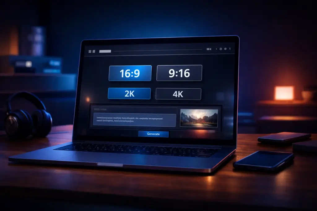 Notebook exibindo interface de gerador de vídeo com IA com opções 16:9 e resolução 2K/4K em ambiente escuro com luz azul.
