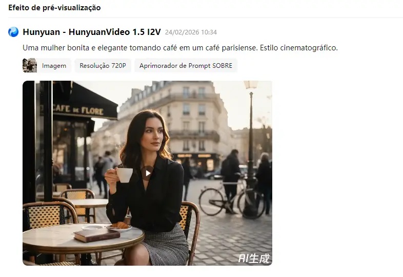 Captura de tela do HunyuanVideo 1.5 I2V mostrando a pré-visualização de um vídeo gerado por IA a partir de imagem: mulher sentada em um café parisiense tomando café, com opção de resolução 720p.
