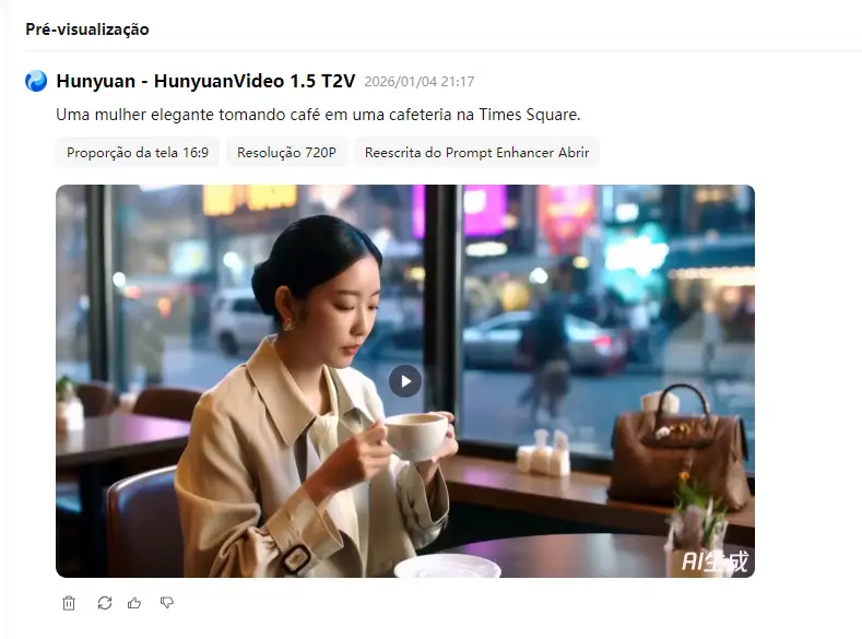 Captura de tela do HunyuanVideo 1.5 T2V mostrando a pré-visualização de um vídeo gerado por IA: mulher elegante tomando café em uma cafeteria com vista para a Times Square, com proporção 16:9 e resolução 720p.