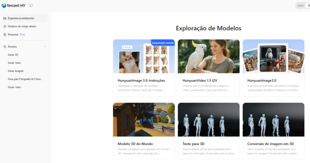 painel Tencent HY na seção “Exploração de Modelos”, com menu lateral (Gerar 3D, Gerar vídeo, Gerar imagem) e cartões dos modelos HunyuanImage 3.0-Instruções, HunyuanVideo 1.5 I2V, HunyuanImage 3.0, Modelo 3D do Mundo, Texto para 3D e Conversão de imagem em 3D.