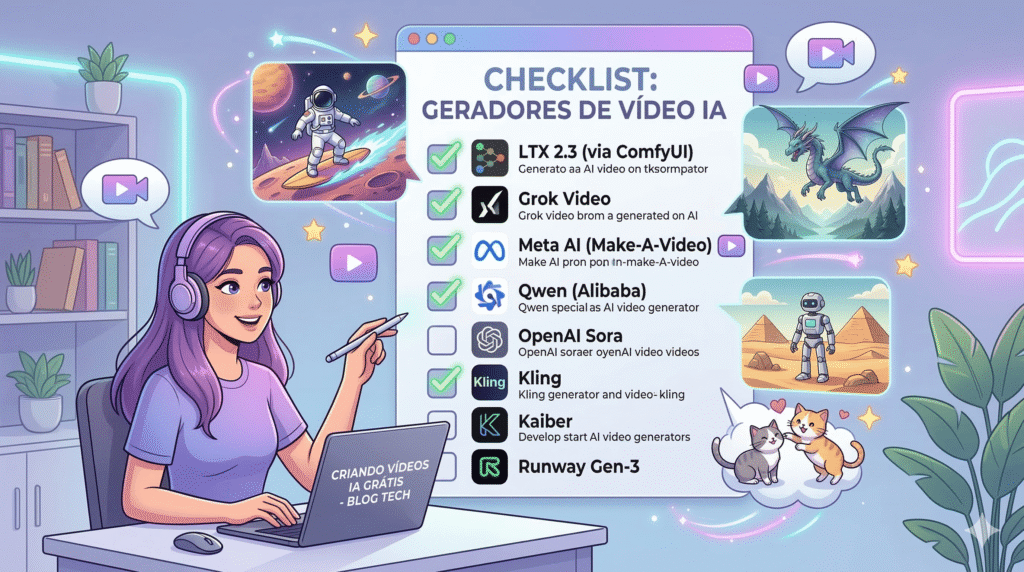 Ilustração digital em estilo tech blog de uma criadora de conteúdo com fones de ouvido trabalhando em seu computador. Ao centro, há um grande painel digital de checklist listando ferramentas de inteligência artificial para geração de vídeos, com marcas de seleção (check) ao lado de nomes como LTX 2.3, Grok Video, Meta AI e Qwen. A cena é cercada por exemplos visuais flutuantes de vídeos gerados por IA, como um astronauta, um dragão e um robô no deserto, com iluminação neon suave.