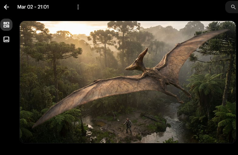 uma imagem base gerada por IA de um pterossauro voando sobre uma floresta enquanto observa um homem lá embaixo, pronta para ser animada na ferramenta de vídeo do Grok.