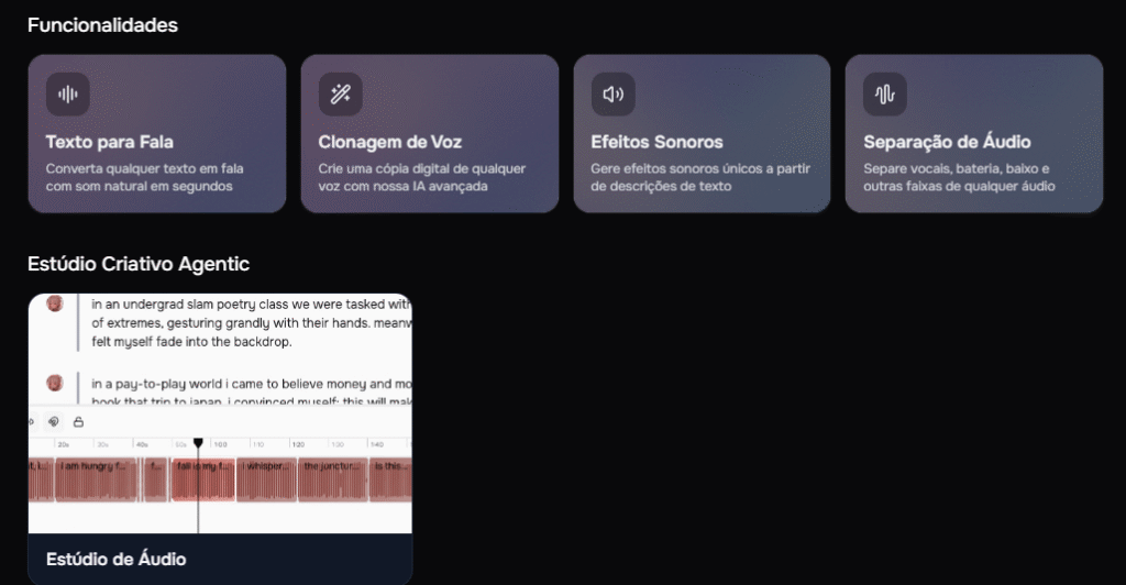 interface principal da plataforma Fish Audio em modo escuro, destacando os menus de funcionalidades de inteligência artificial: Texto para Fala, Clonagem de Voz, Efeitos Sonoros, Separação de Áudio e uma prévia do Estúdio de Áudio.