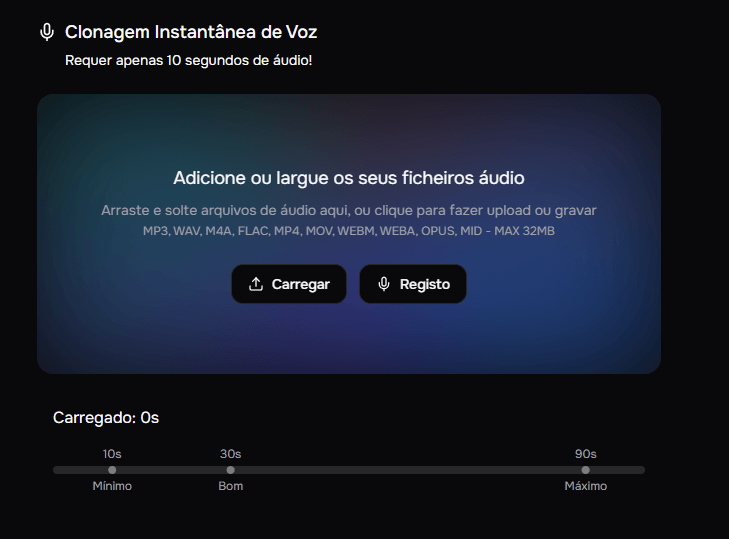 ferramenta de Clonagem Instantânea de Voz da Fish Audio. A interface exibe a área para arrastar e soltar arquivos de áudio ou gravar diretamente, destacando a barra de progresso que exige um áudio mínimo de 10 segundos e máximo de 90 segundos, com limite de 32MB.