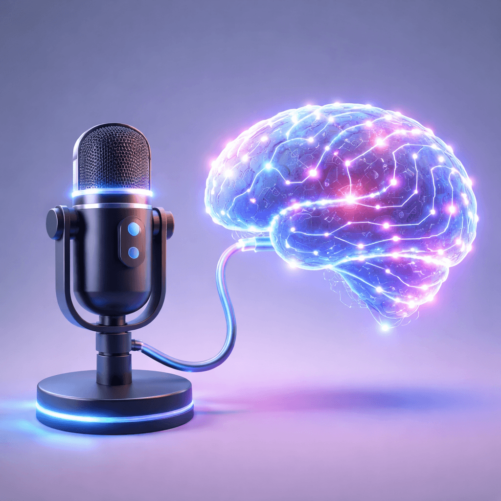 Ilustração 3D de um microfone de estúdio moderno conectado a um cérebro digital luminoso, representando a inteligência artificial gerando vozes humanizadas para narração de vídeos.