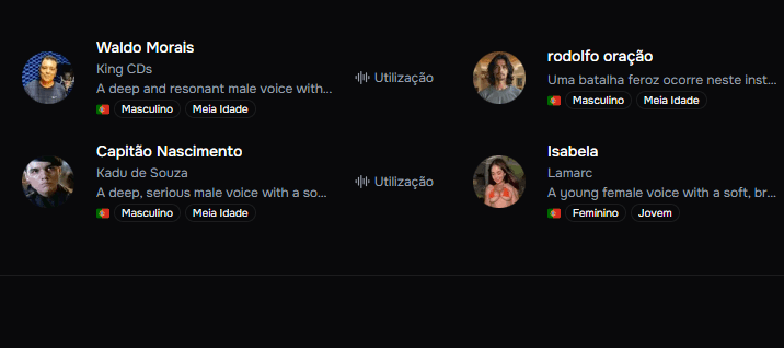 biblioteca de locutores da Fish Audio, exibindo perfis de vozes geradas por IA, incluindo imitações de personagens conhecidos como o Capitão Nascimento, com classificações de gênero, idade e o botão de utilização.