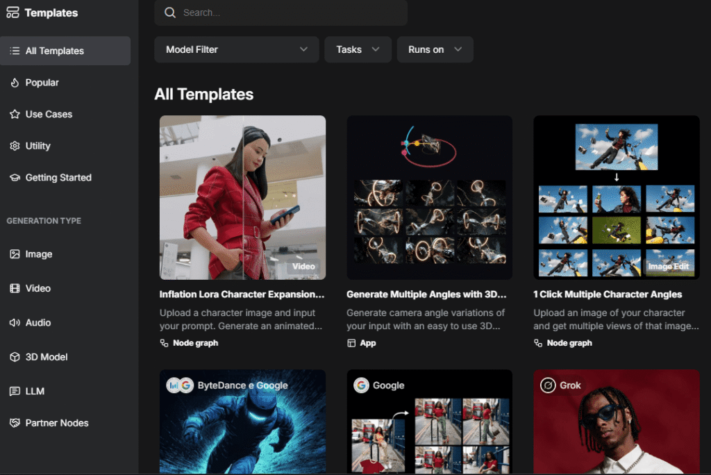 Interface do Comfy mostrando a página de templates com opções para geração de vídeo e imagem por inteligência artificial.