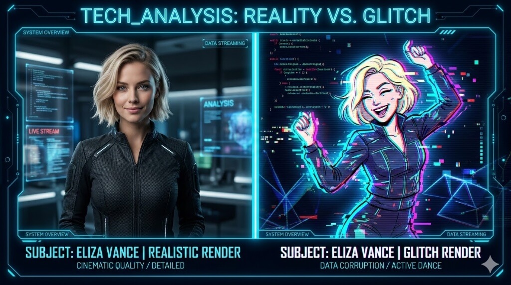 Tela dividida em interface futurista comparando duas gerações de IA: à esquerda, um render realista e cinematográfico de uma mulher loira; à direita, a mesma mulher em versão animada, dançando e com efeitos de distorção (glitch), ilustrando as falhas do Grok AI no modo automático.