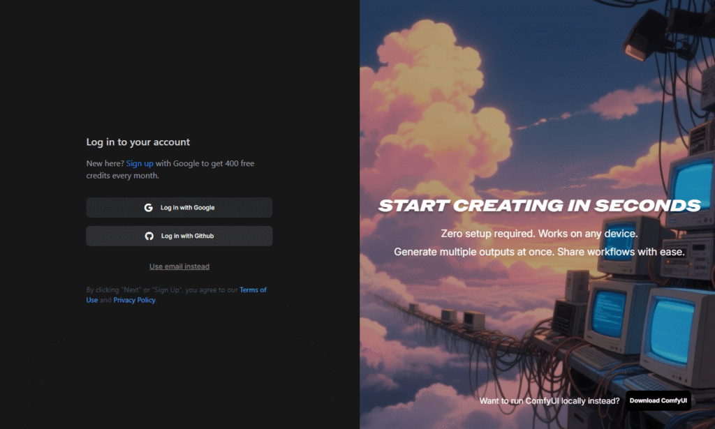 Interface de login do ComfyUI mostrando opções de acesso via Google e GitHub, com destaque para os 400 créditos gratuitos mensais e plano de fundo artístico de computadores retrô entre nuvens.
