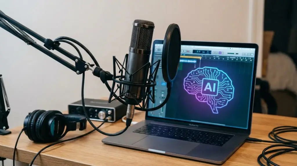 Fotografia de uma mesa de madeira com um setup de gravação de áudio profissional. Em destaque, um microfone condensador com pop filter no braço articulado, fones de ouvido de estúdio e um notebook aberto exibindo o desenho de um cérebro de neon brilhante com a sigla "AI" (Inteligência Artificial) na tela, representando a tecnologia de clonagem de voz.