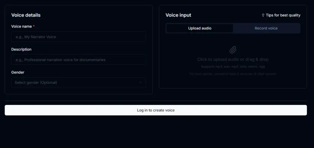 Captura de tela do painel escuro de clonagem de voz da ferramenta LMNT. Do lado esquerdo, sob o título 'Voice details', há campos de texto para inserir o nome da voz, uma descrição e um menu suspenso para escolher o gênero. Do lado direito, em 'Voice input', a aba de upload de áudio está selecionada, mostrando a área para arrastar e soltar arquivos (mp3, wav, mp4, etc.) ou a opção de gravar pelo microfone. O texto na tela recomenda enviar pelo menos 5 segundos de fala clara para obter os melhores resultados.