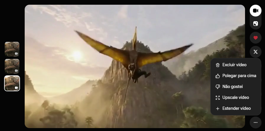 vídeo gerado por IA, onde um pterossauro voa carregando um homem em direção a montanhas ao pôr do sol. À direita, o menu de três pontinhos está aberto, com destaque para a opção 'Estender vídeo', permitindo criar vídeos longos de até 30 segundos.