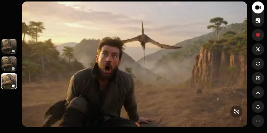 Cena cinematográfica gerada por IA no Grok para canais dark, mostrando um homem com expressão de terror enquanto um pterossauro voa em sua direção em um cenário de montanhas.