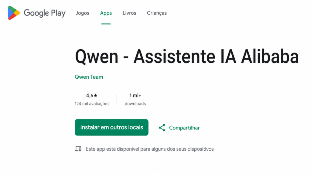 Tela do aplicativo Qwen na Google Play para criar vídeos com IA grátis pelo celular.